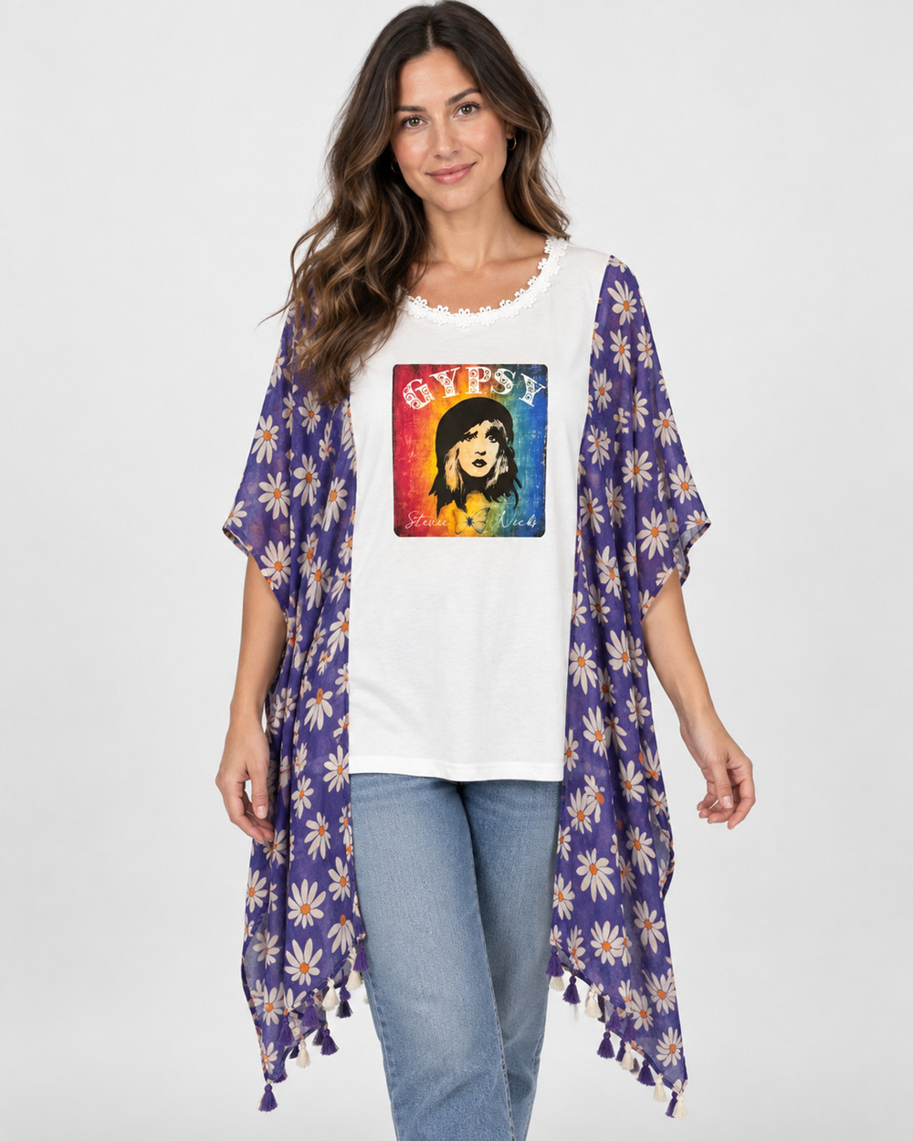 Upcycled Handmade Stevie Nicks Oversized Boho Kimono Top Tassel Festival